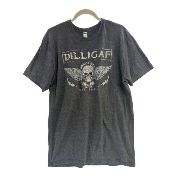 DILLIGAF Skull Graphic T-Shirt Men’s Large Gray Biker Casual Tee Vintage Style - Picture 1 of 8